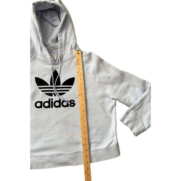 Adidas Cropped Hoodie Sweatshirt Women’s XL Lt Blue Trefoil Logo Black Velvet - Picture 11 of 14